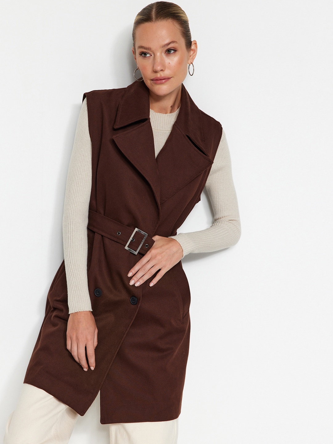 

Trendyol Notched Lapel Collar Overcoat, Brown