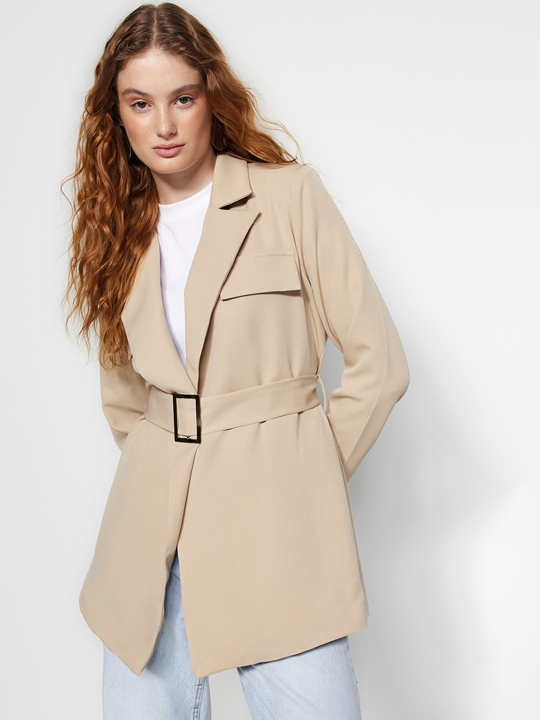 

Trendyol Lapel Collar Longline Tailored Jacket, Beige