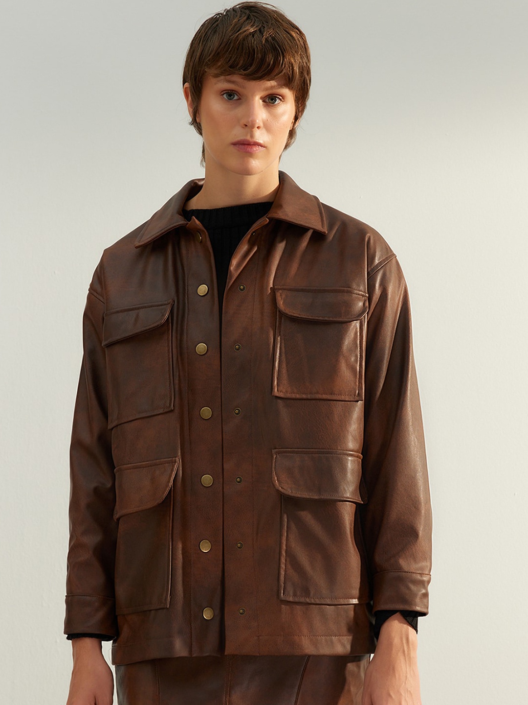 

Trendyol Longline Leather Jacket, Brown