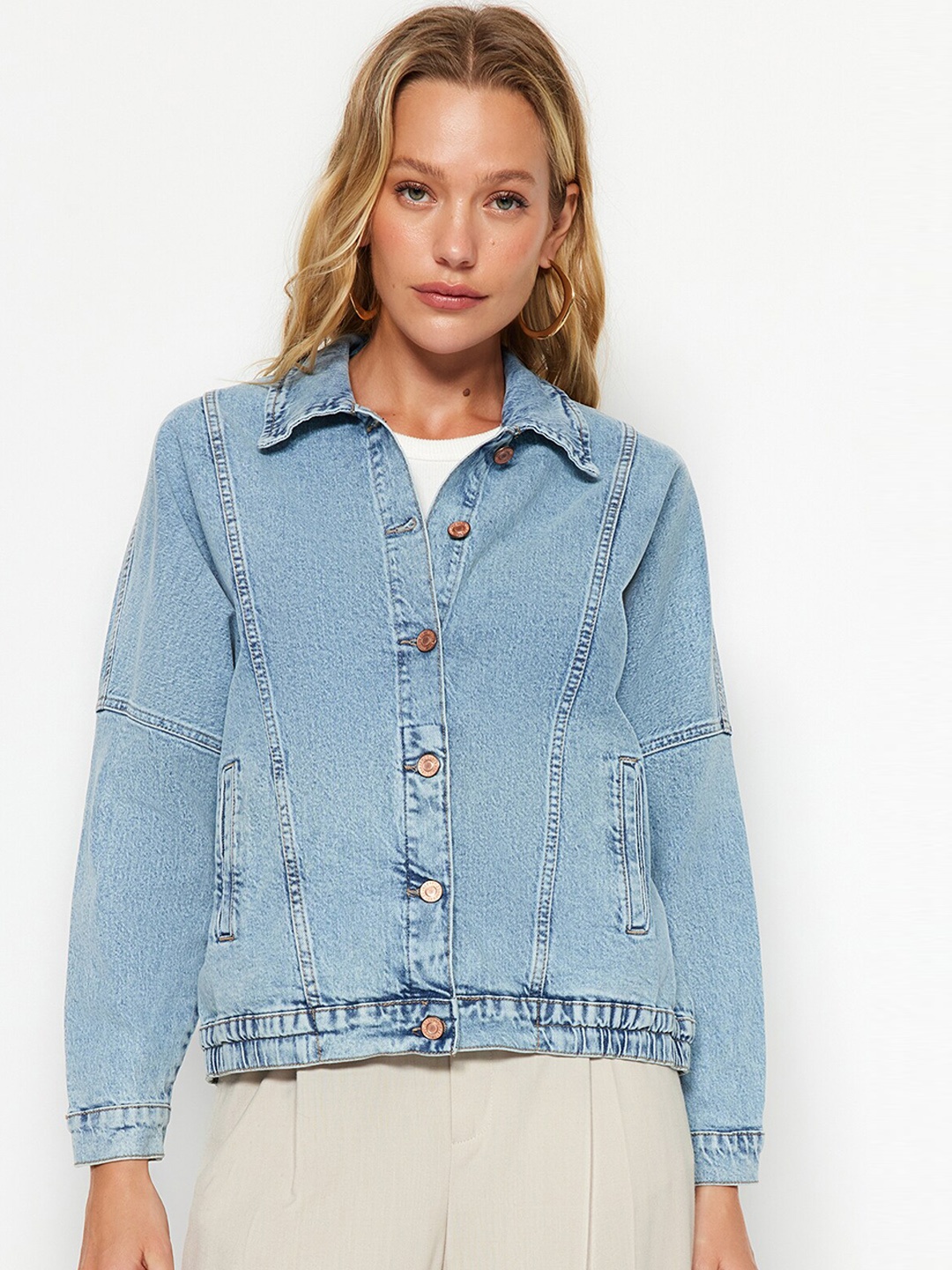 

Trendyol Washed Spread Collar Cotton Denim Jacket, Blue
