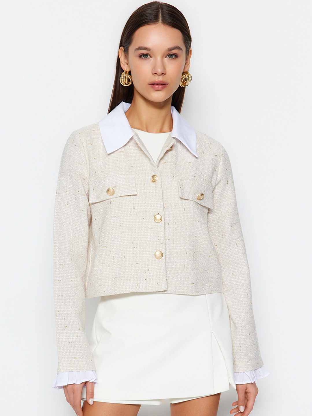 

Trendyol Spread Collar Acrylic Crop Tailored Jacket, Beige