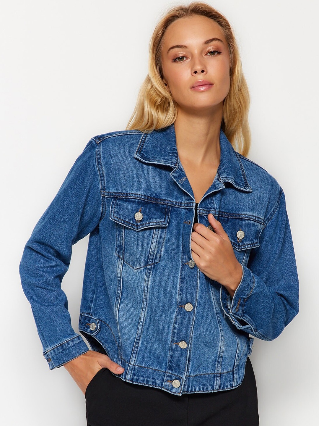

Trendyol Washed Pure Cotton Denim Jacket, Blue