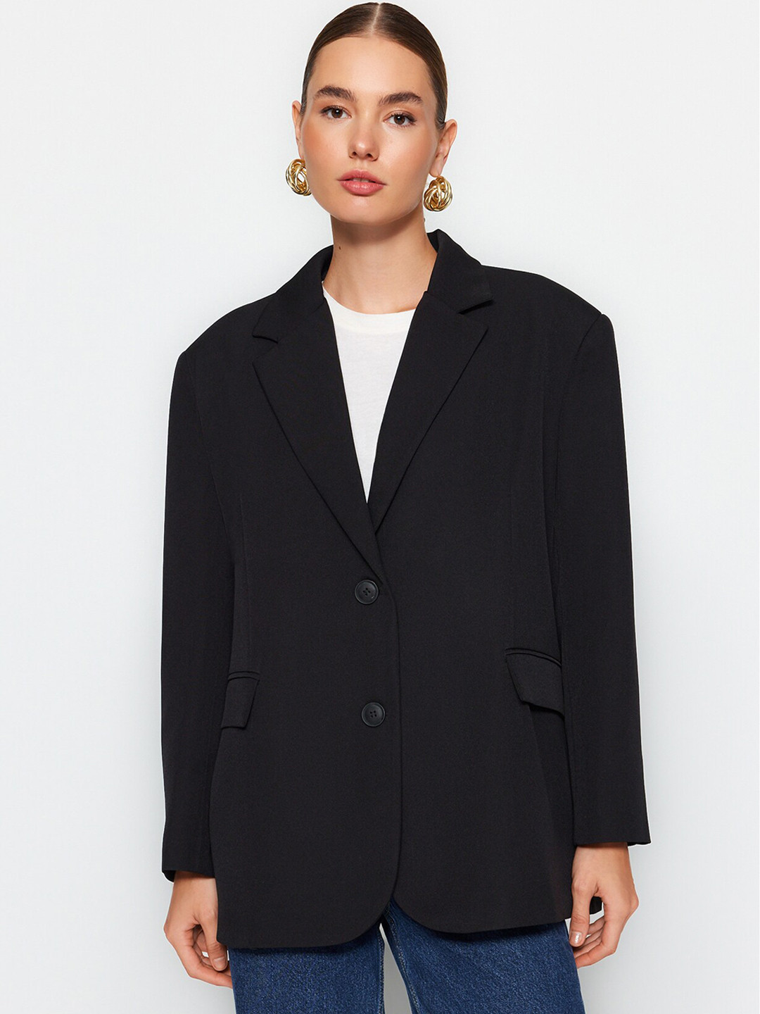 

Trendyol Lapel Collar Longline Open Front Jacket, Black