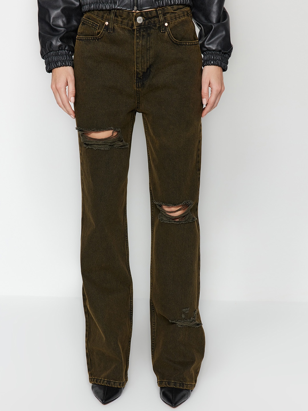 

Trendyol Women Mid-Rise Pure Cotton Mildly Distressed Jeans, Olive