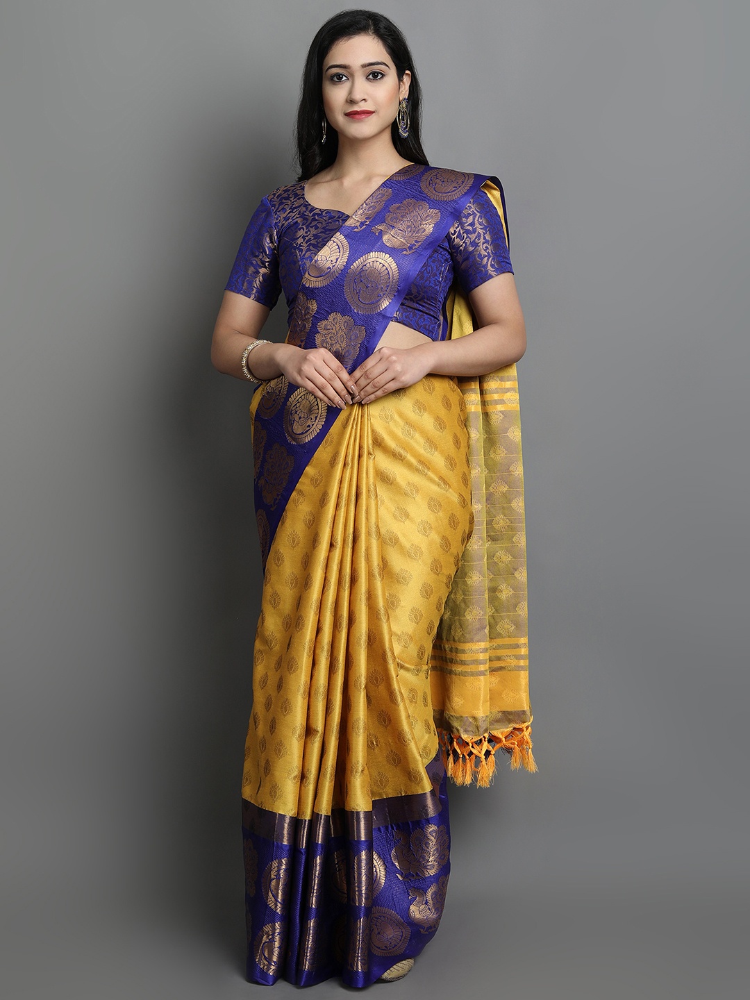 

SILKWEAR Ethnic Motifs Woven Design Zari Silk Cotton Kanjeevaram Saree, Yellow