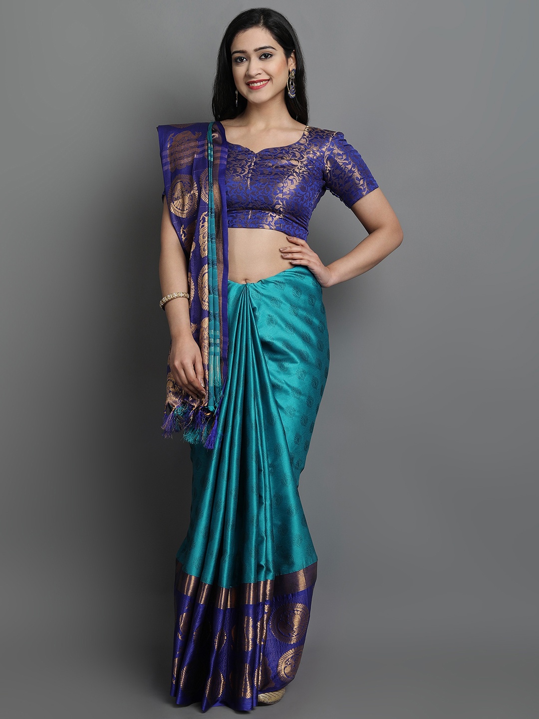 

SILKWEAR Woven Design Zari Silk Cotton Kanjeevaram Saree, Blue