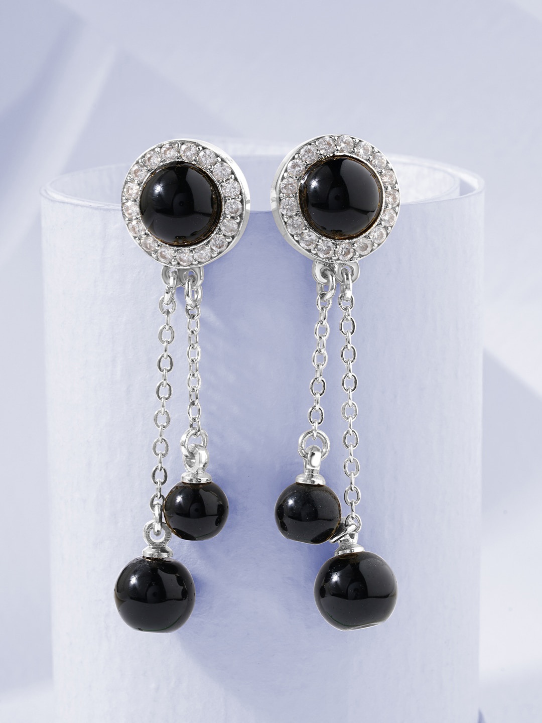 

MINUTIAE Silver-Plated Crystals Studded Circular Tasselled Drop Earrings