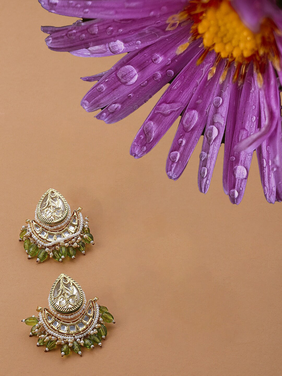 

DUGRISTYLE Gold-Plated Kundan & Beaded Classic Drop Earrings