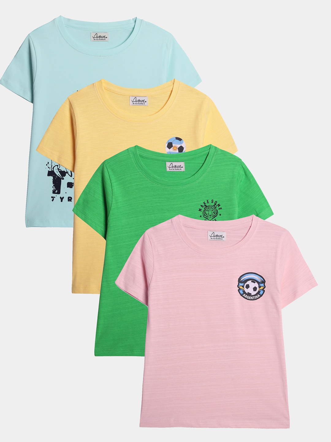 

Anthrilo Boys Pack Of 4 Applique Cotton Regular Fit Casual T-shirt, Green