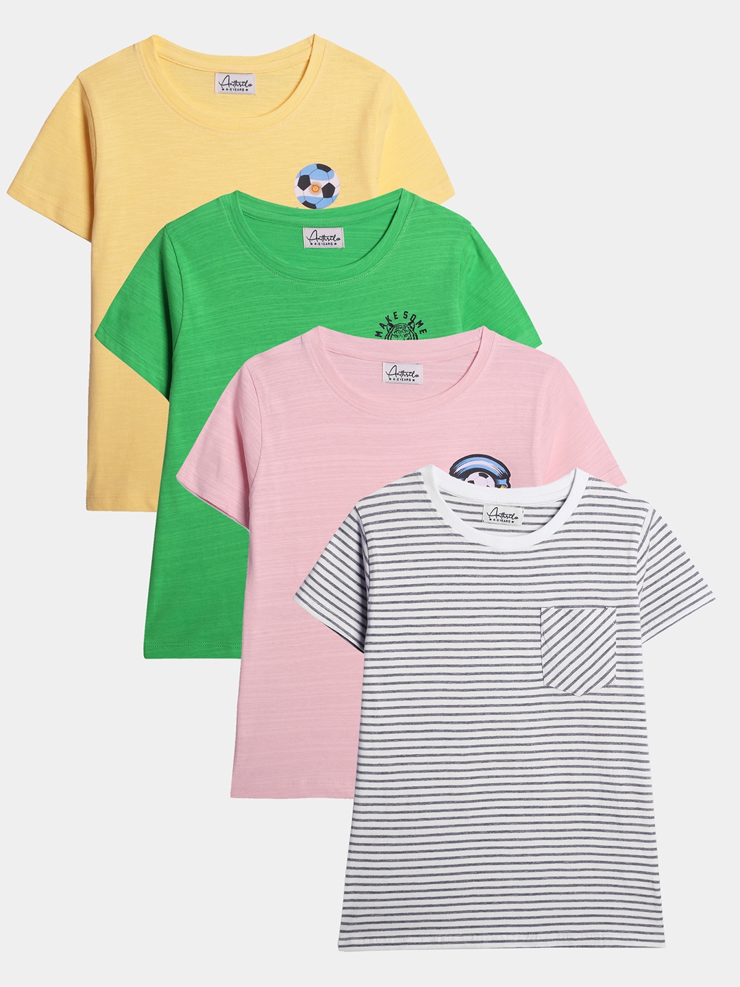 

Anthrilo Boys Pack Of 4 Striped Round Neck Cotton Regular Fit Casual T-shirt, Green