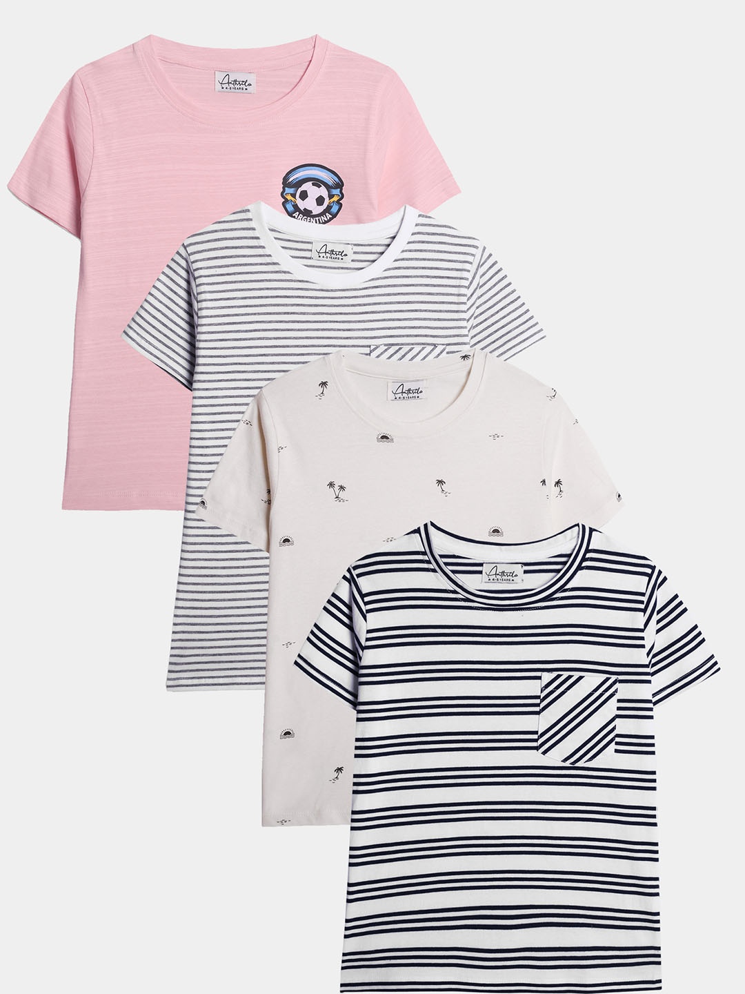 

Anthrilo Boys Pack Of 4 Striped Round Neck Cotton Regular Fit Casual T-shirt, Pink