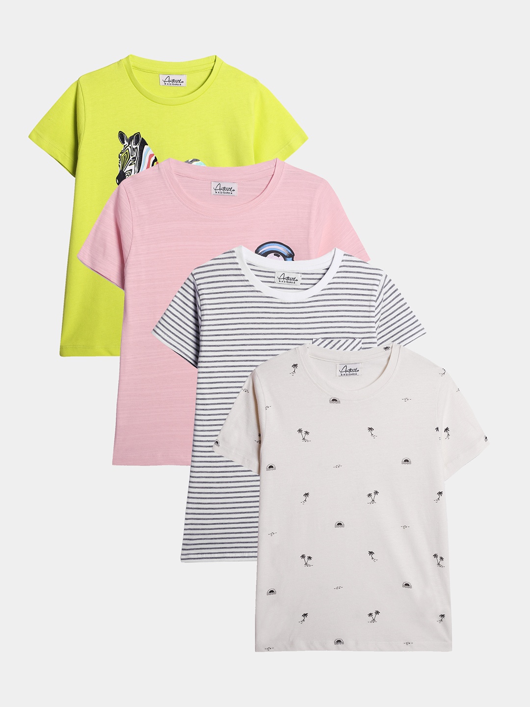 

Anthrilo Boys Pack Of 4 Printed Cotton Regular Fit Casual T-shirt, Yellow