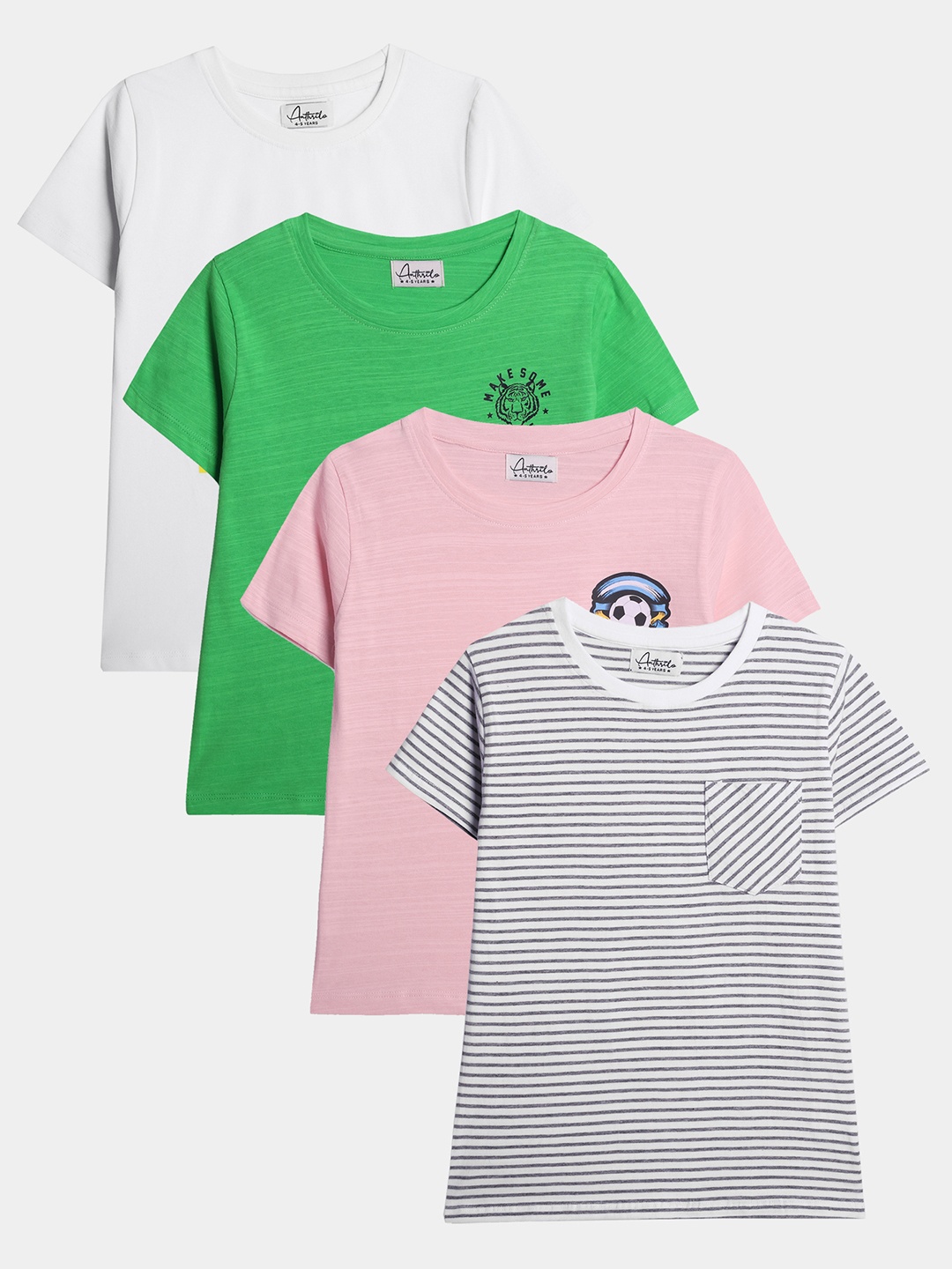 

Anthrilo Boys Pack Of 4 Striped Cotton Regular Fit Casual T-shirt, Green