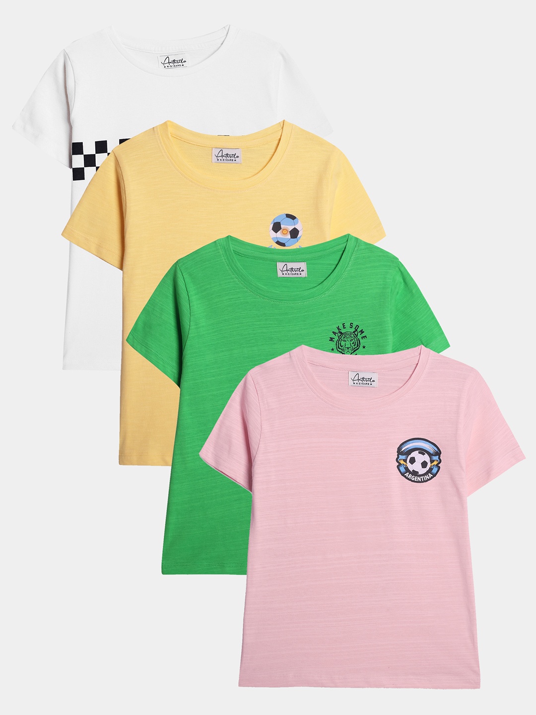 

Anthrilo Boys Pack Of 4 Applique Cotton Regular Fit Casual T-shirt, Yellow