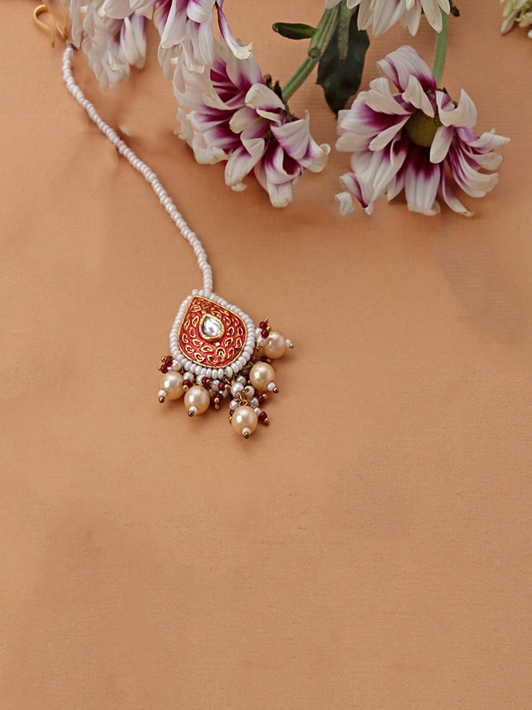 

DUGRISTYLE Gold-Plated Kundan Studded & Pearl Beaded Maang Tikka