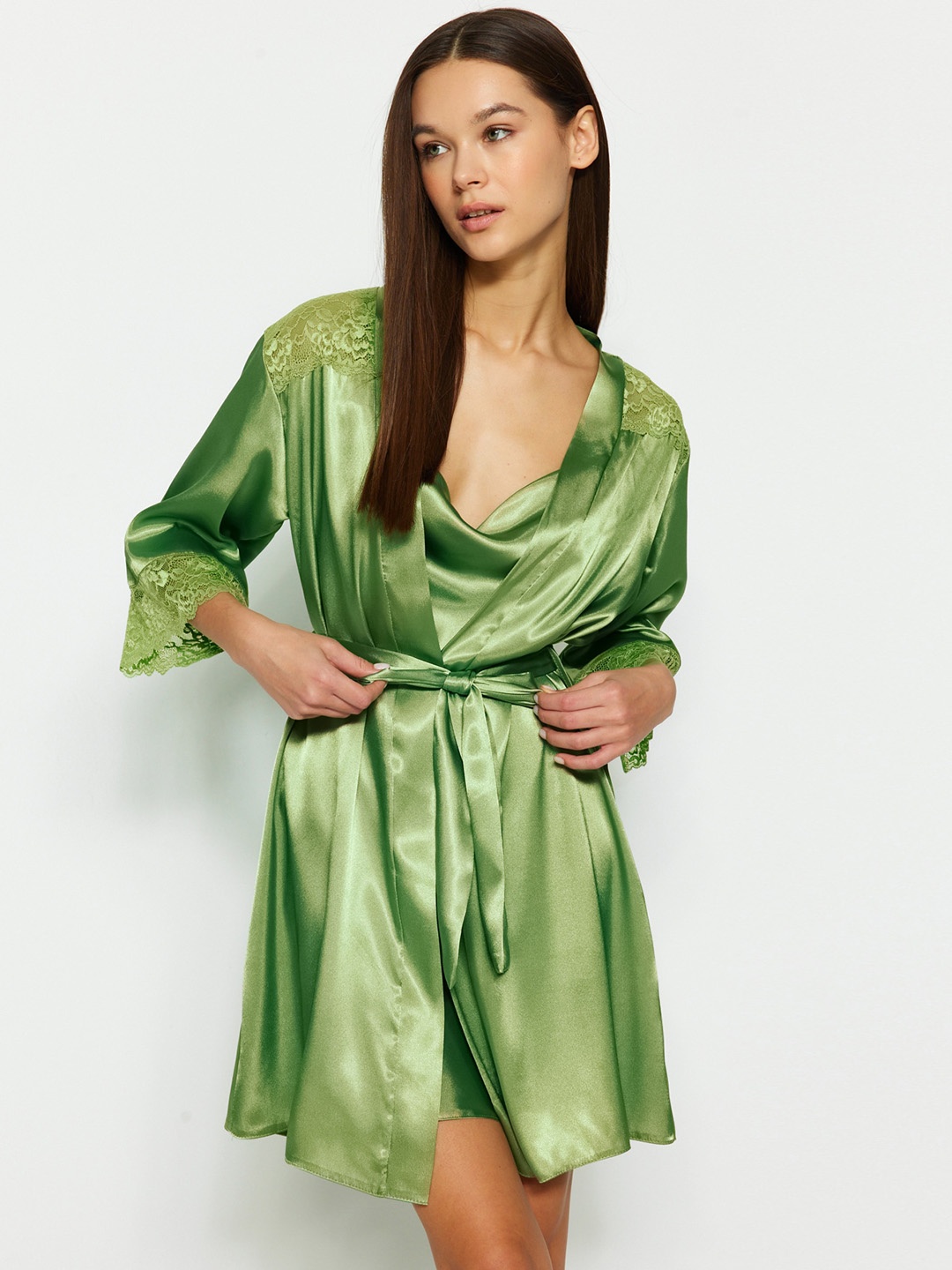 

Trendyol Above Knee Length Nightdress With Robe, Green