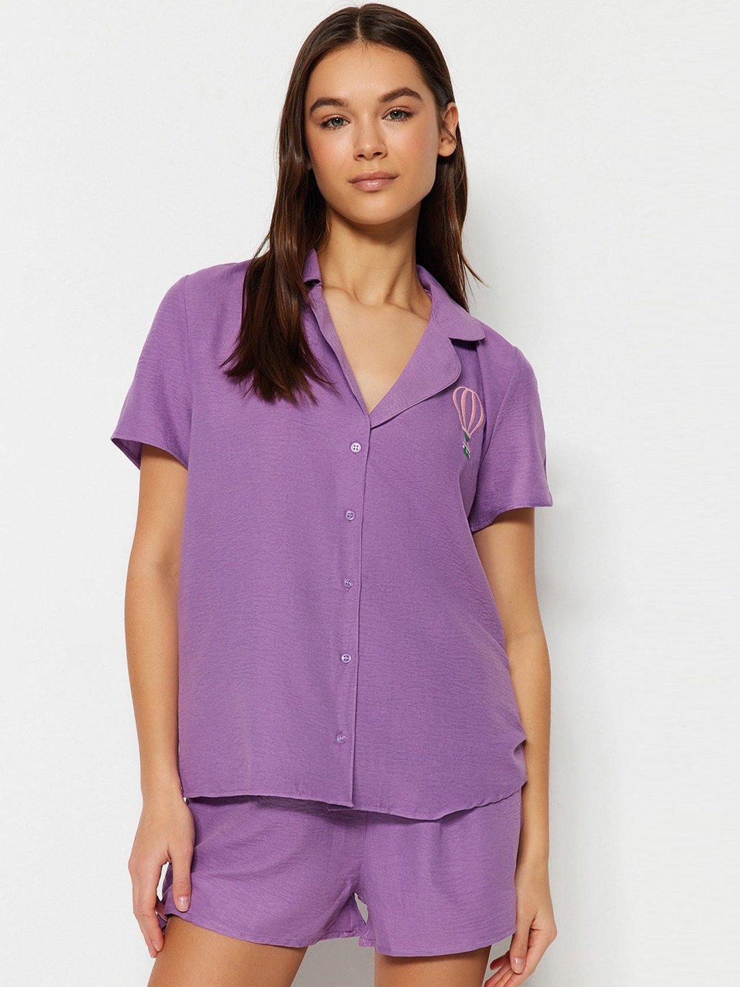 

Trendyol Lapel Collar Shirt & Shorts, Purple