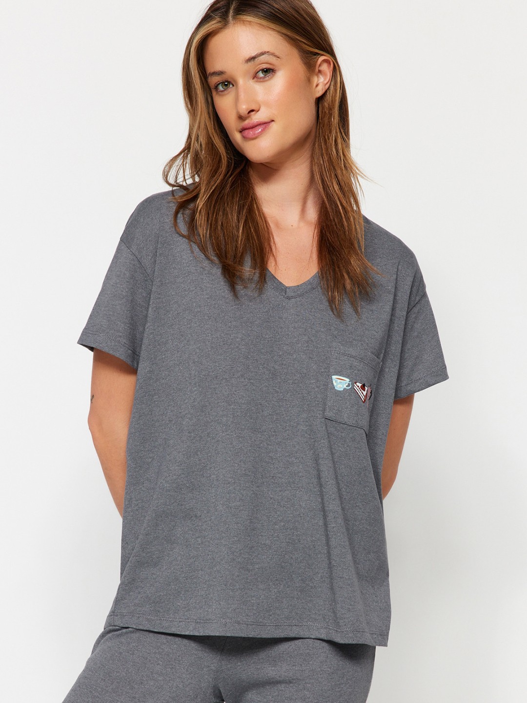 

Trendyol V-Neck Pure Cotton T-shirt & Pyjamas, Grey