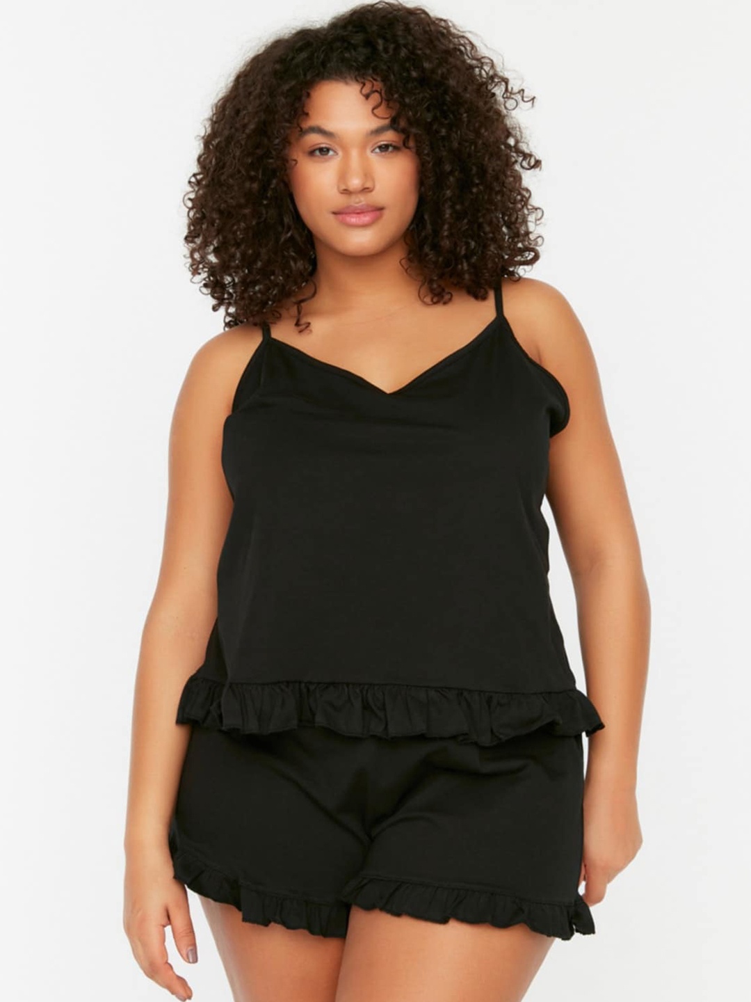 

Trendyol Plus Size Shoulder Straps Pure Cotton Top With Shorts, Black