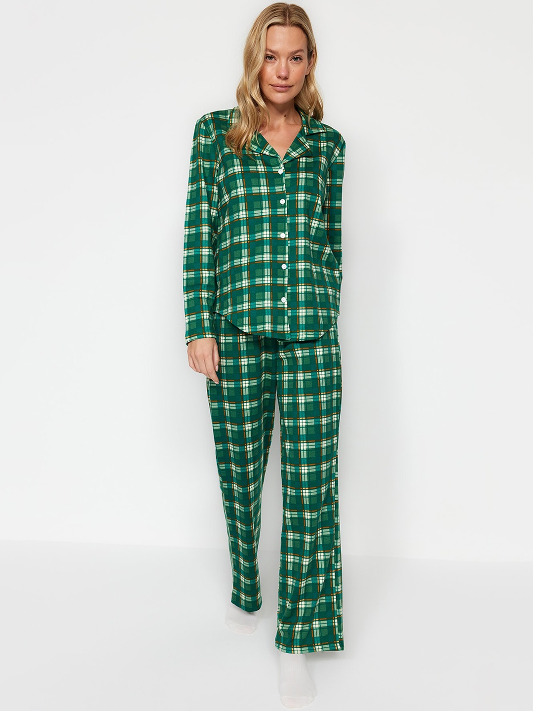 

Trendyol Checked Lapel Collar Pure Cotton Shirt With Pyjamas, Green