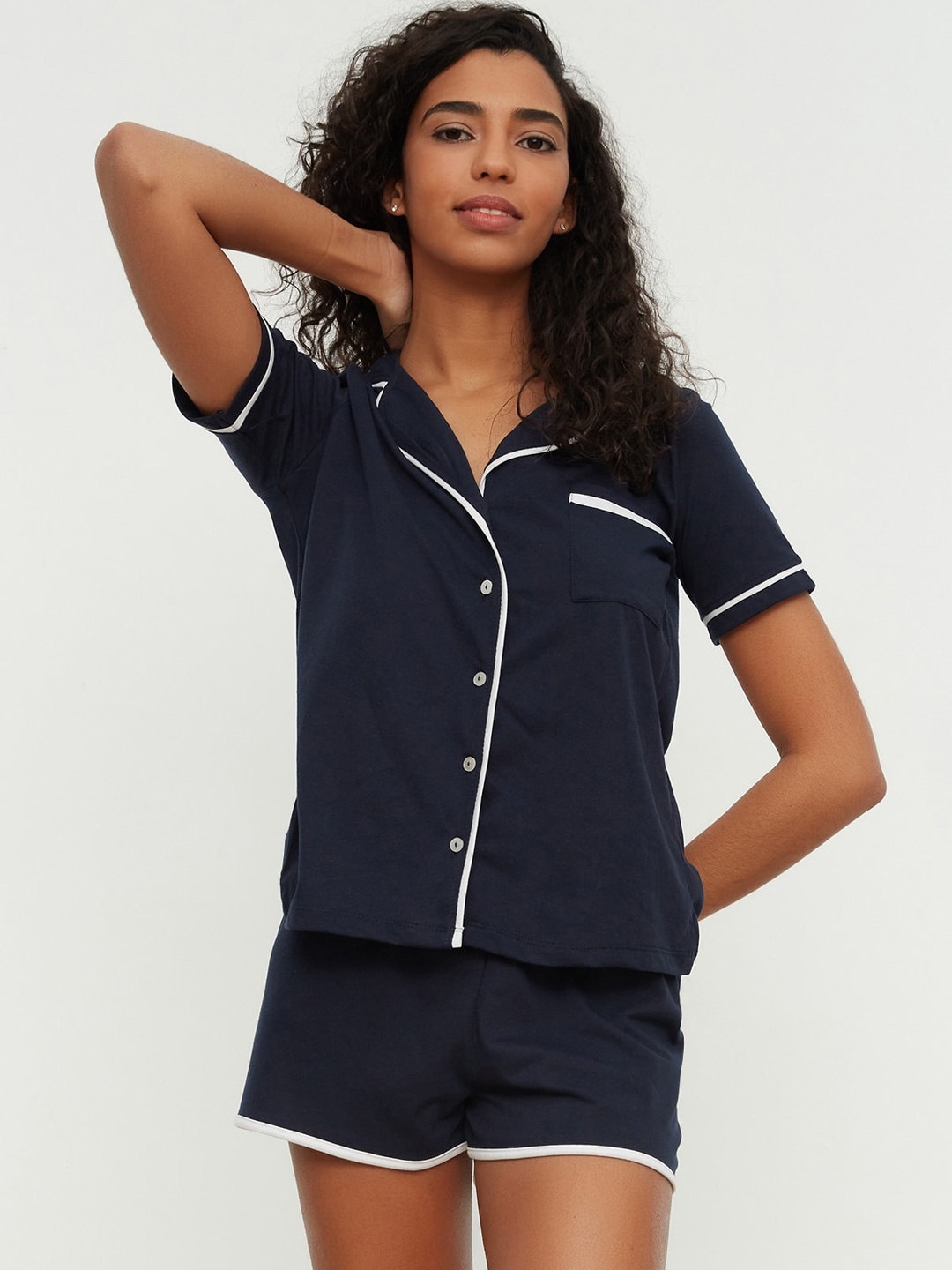 

Trendyol Lapel Collar Pure Cotton Shirt With Shorts, Blue
