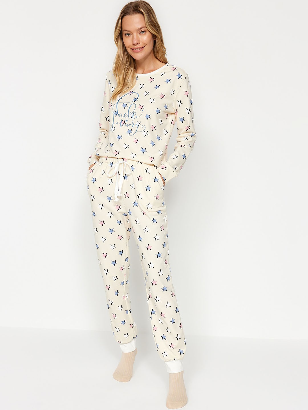 

Trendyol Conversational Printed Pure Cotton Night Suit, Yellow