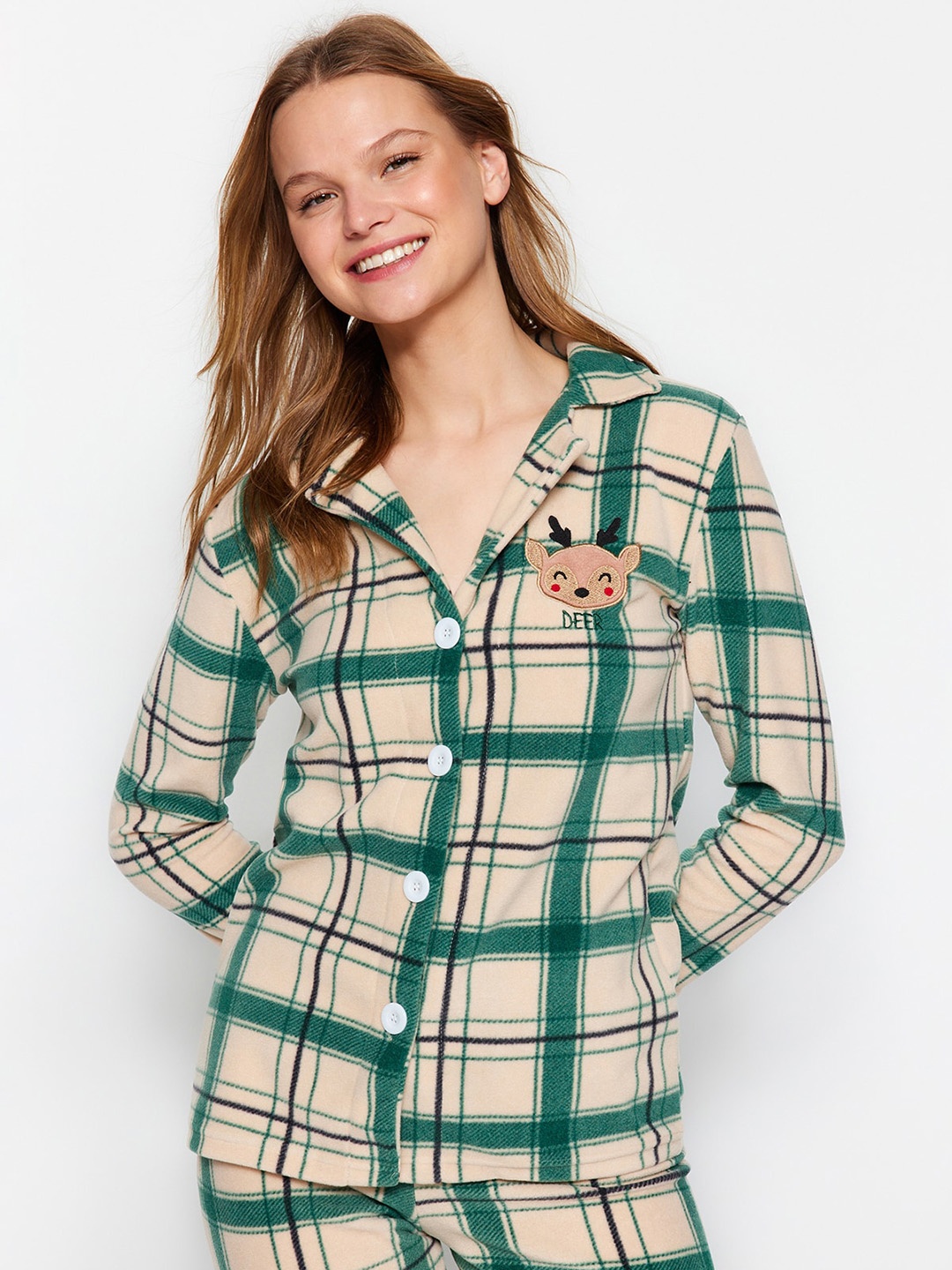 

Trendyol Printed Lapel Collar Shirt & Pyjamas, Green