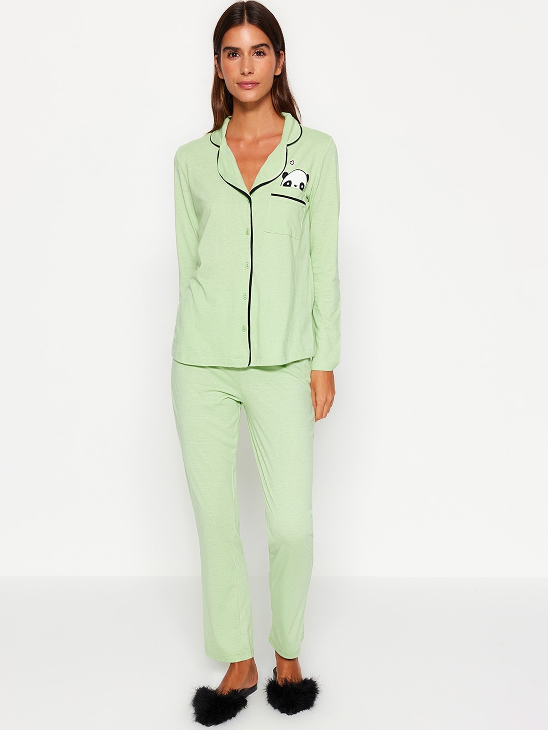 

Trendyol Printed Lapel Collar Shirt & Pyjamas, Green