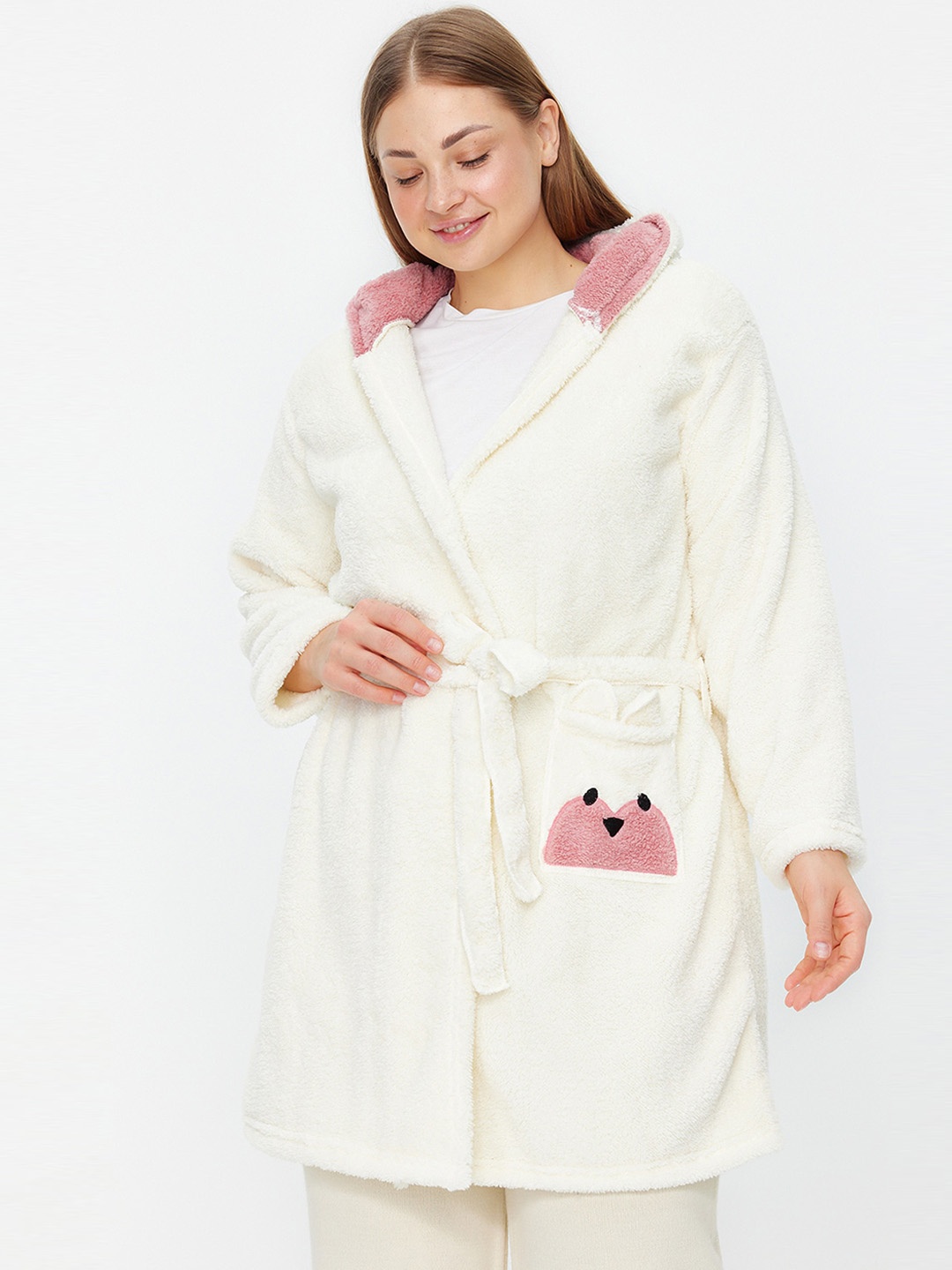 

Trendyol Hooded Pure Cotton Night Robe, White