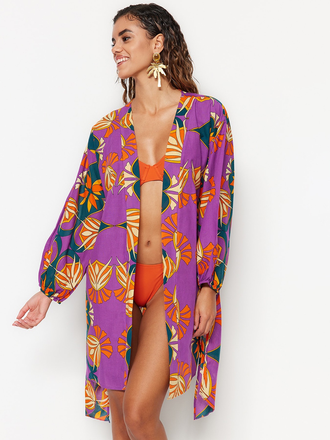 

Trendyol Floral Printed V-Neck Medium Coverage Pure Cotton Swimwear Cover up Top, Violet