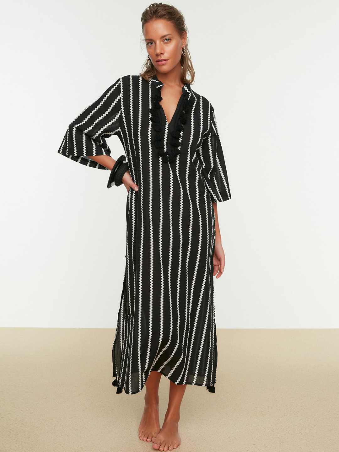 

Trendyol Striped Mandarin Collar Pure Cotton Nightdress, Black