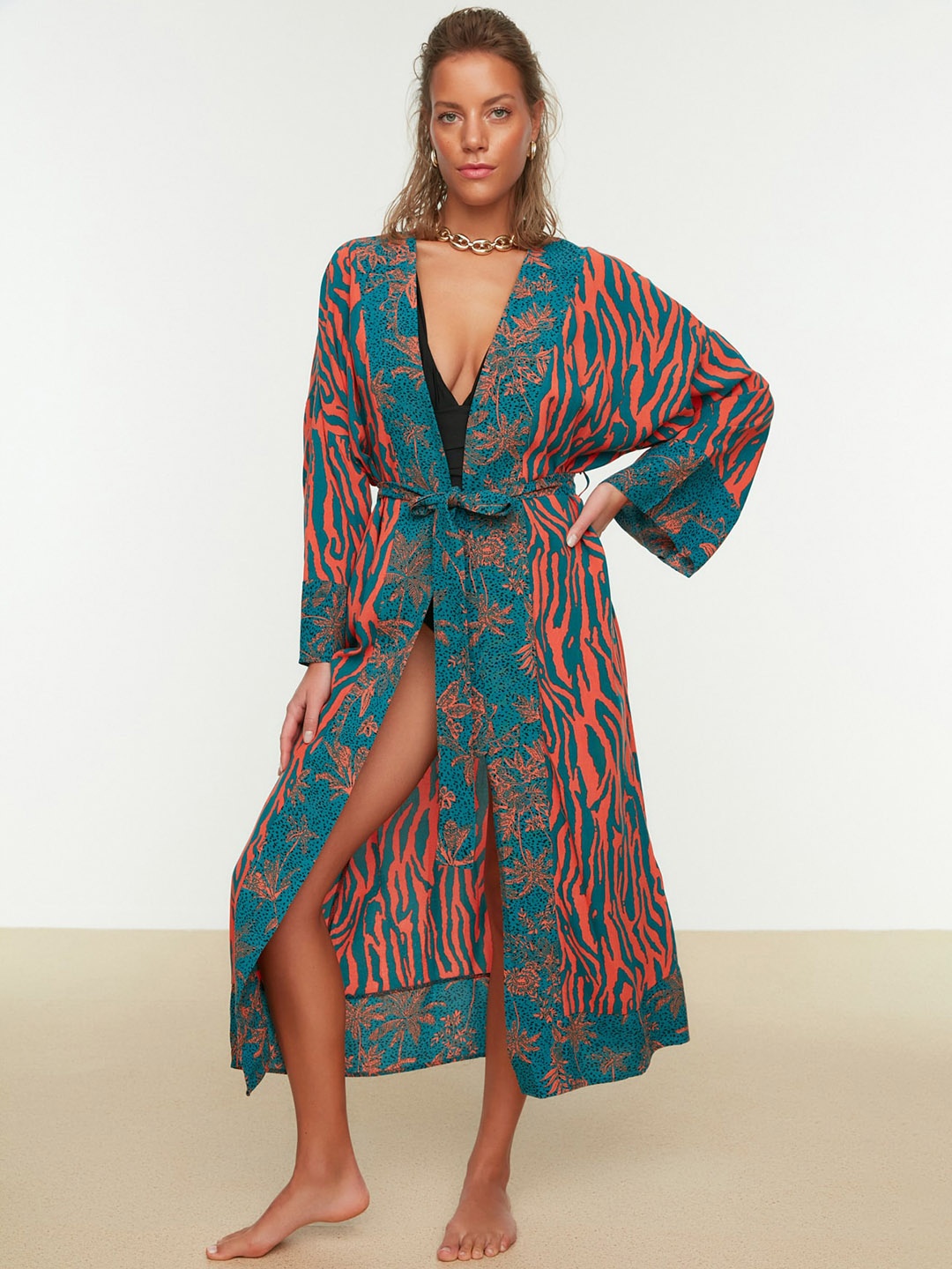 

Trendyol Abstract Printed Chiffon Swimwear Cover-Up Top, Green