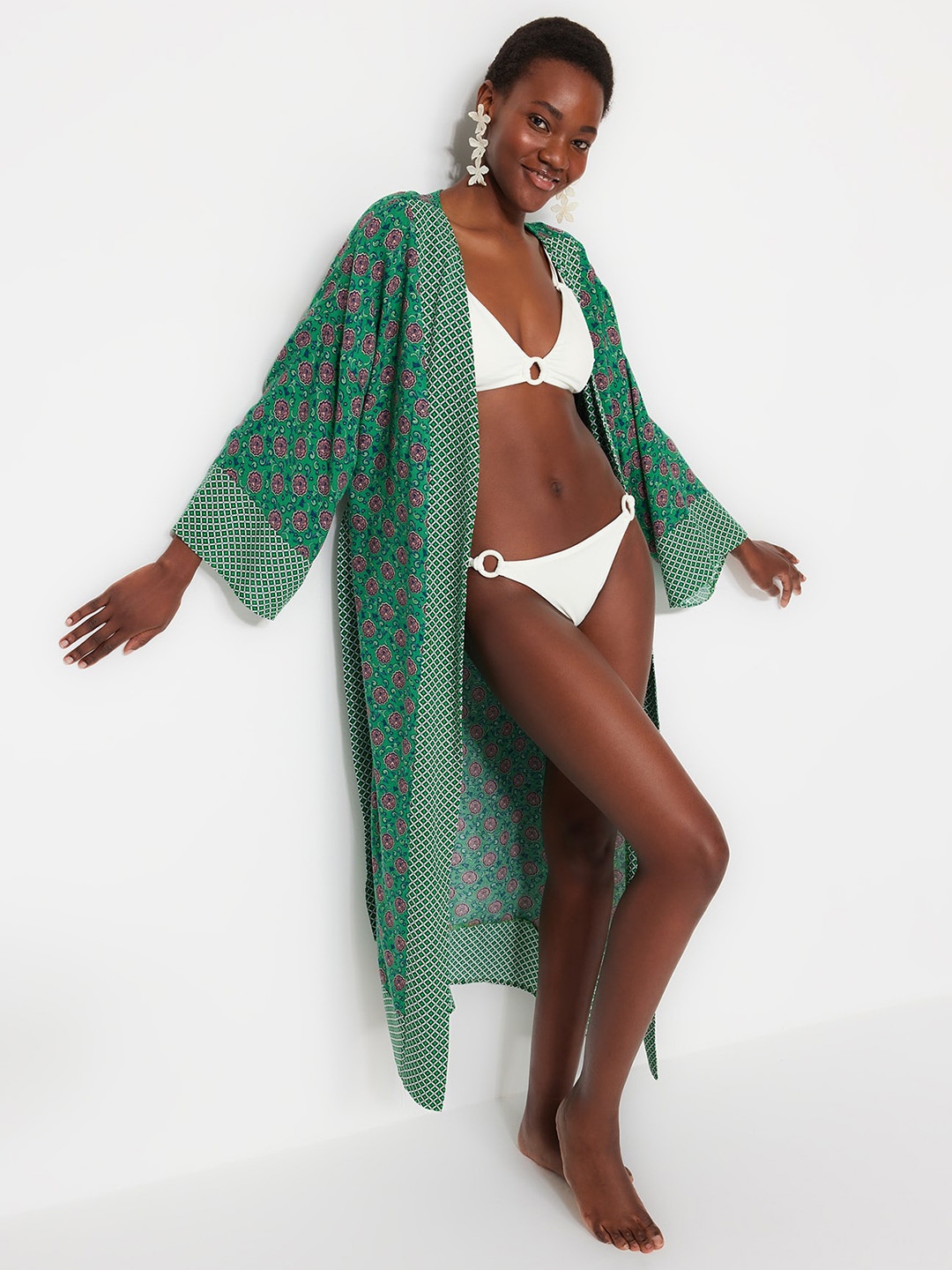 

Trendyol Ethnic Motifs Printed V-Neck Swimwear Cover-Up Top, Green