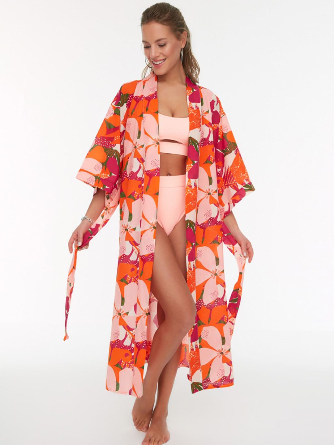

Trendyol Floral Printed Pure Cotton Chiffon Swimwear Cover-Up Top, Orange