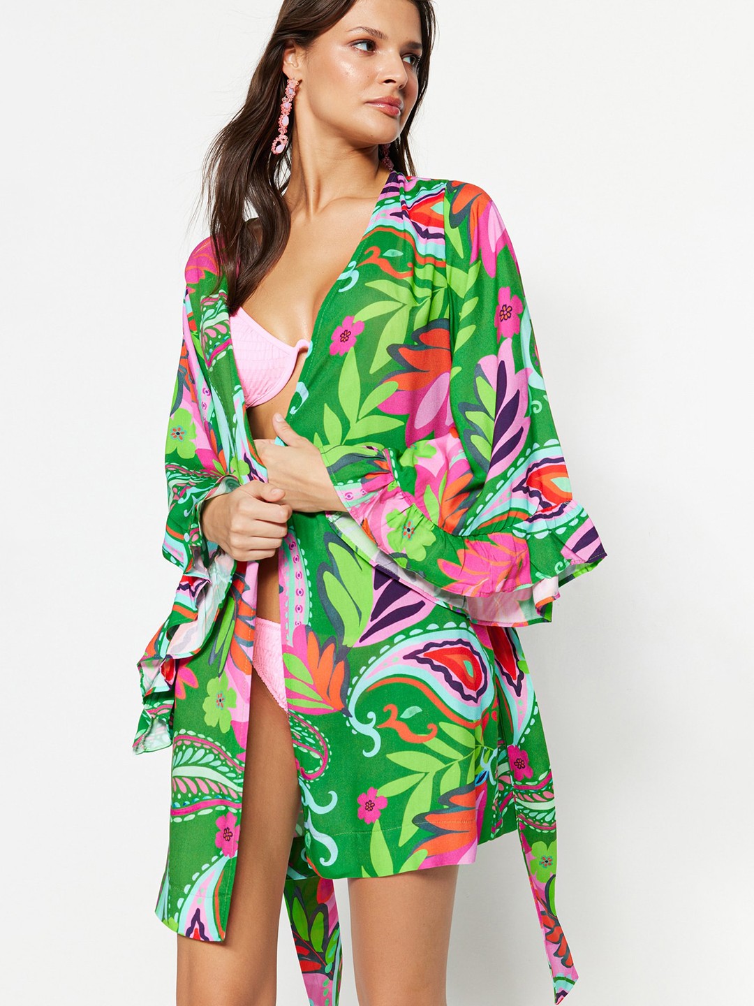 

Trendyol Floral Printed Crepe Swimwear Cover-Up Top, Green