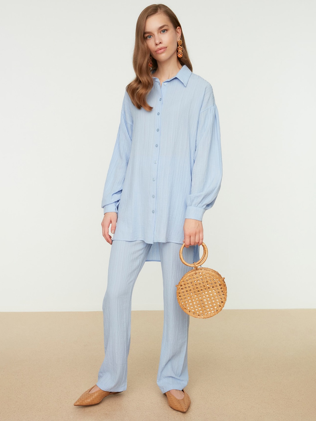 

Trendyol Puff Sleeves Self Design Casual Shirt, Blue