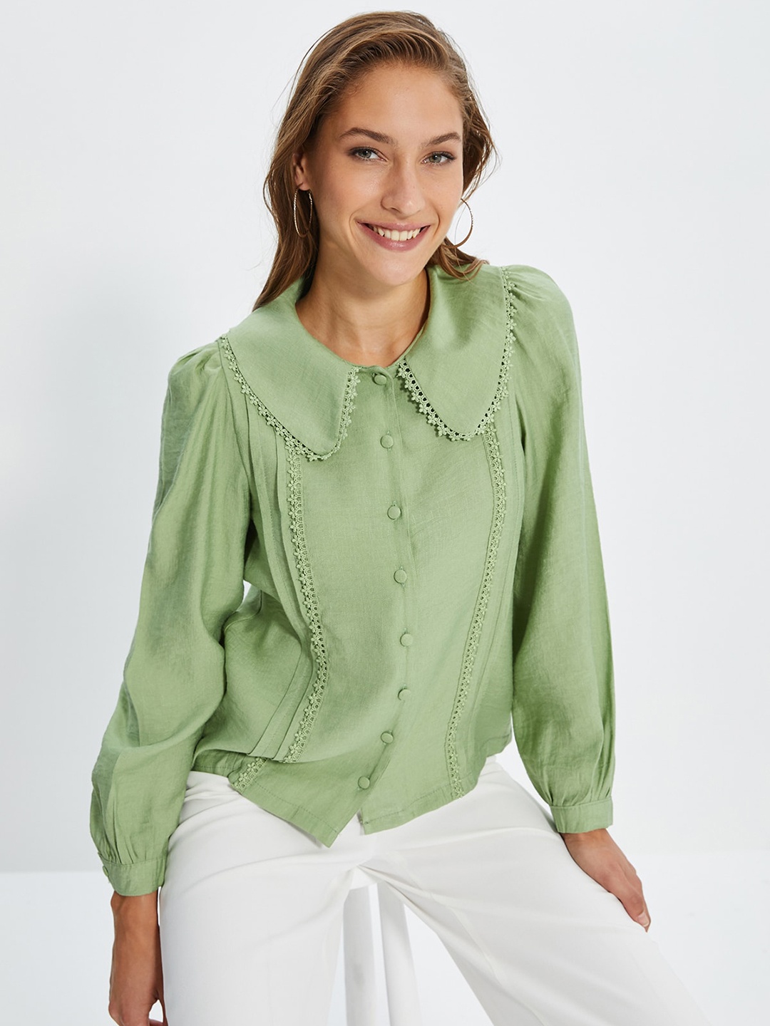 

Trendyol Peter Pan Collar Long Puff Sleeves Casual Shirt, Na
