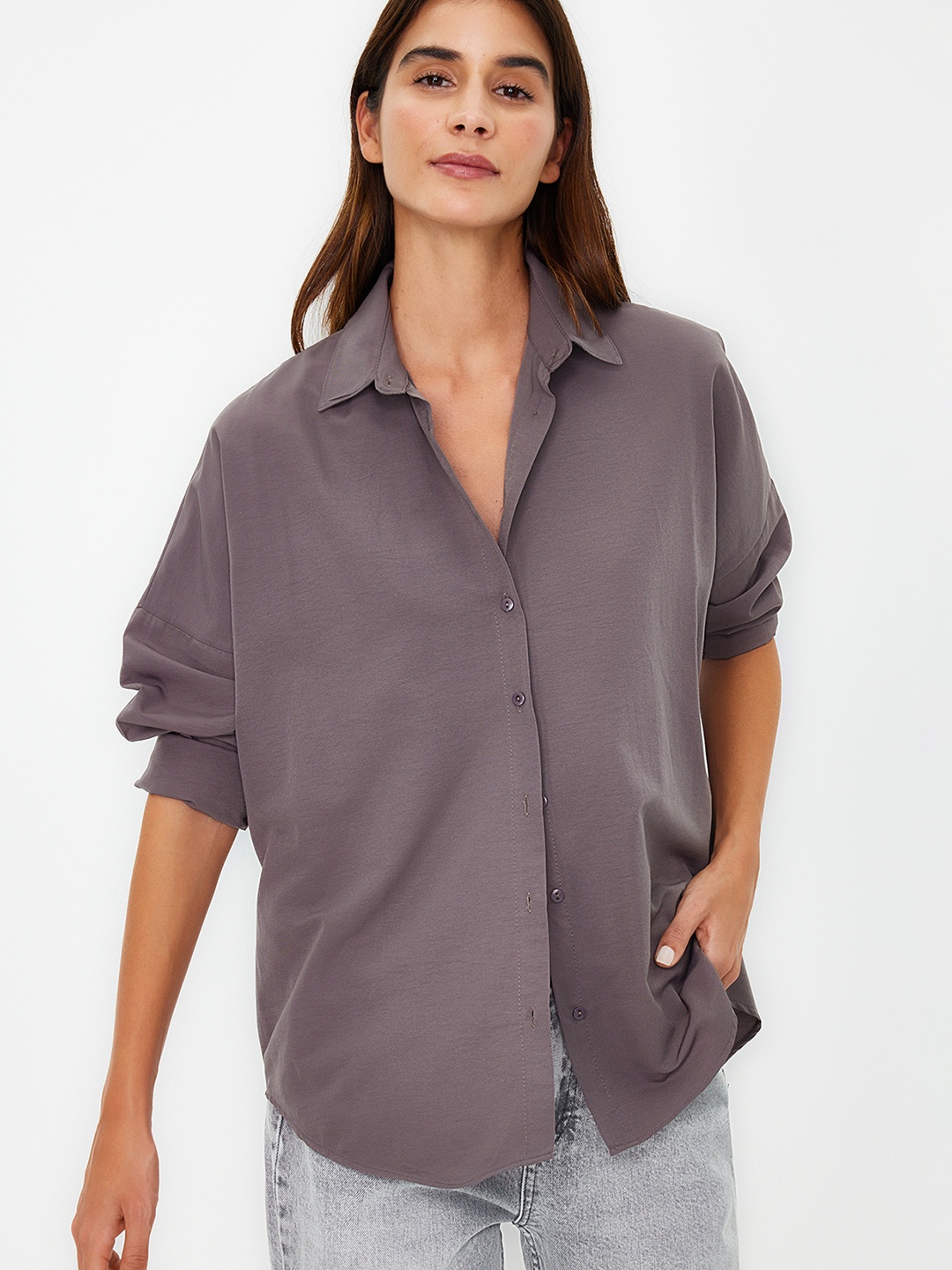 

Trendyol spread collar Long Sleeves Casual Cotton Shirt, Grey