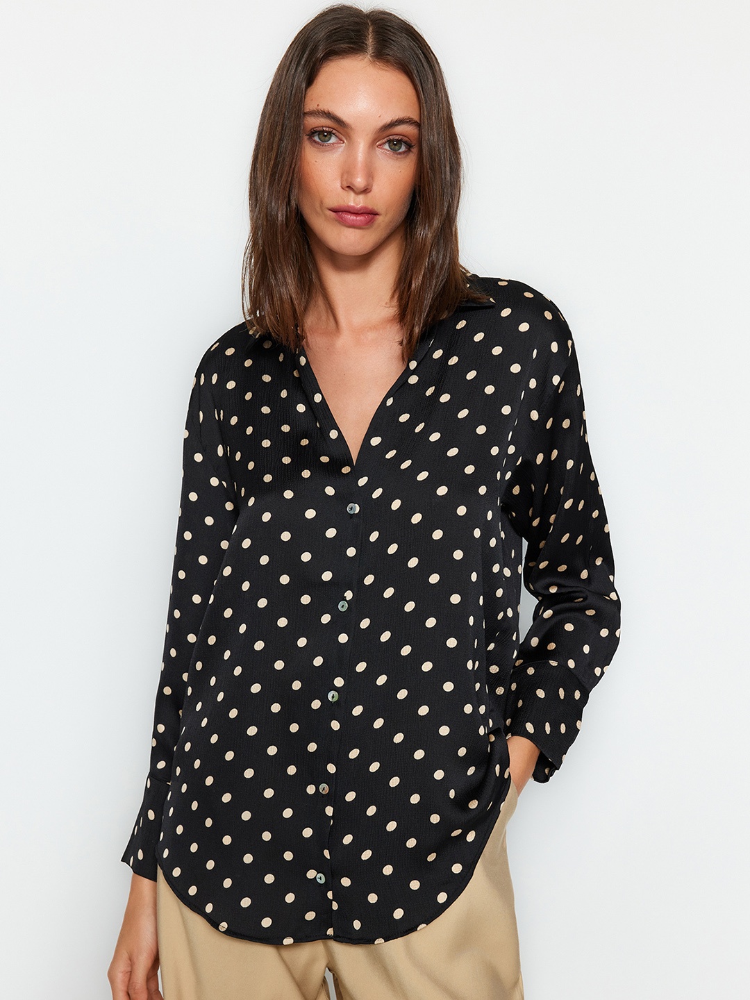 

Trendyol Polka Dot Printed spread collar Long Sleeves Casual Cotton Shirt, Black