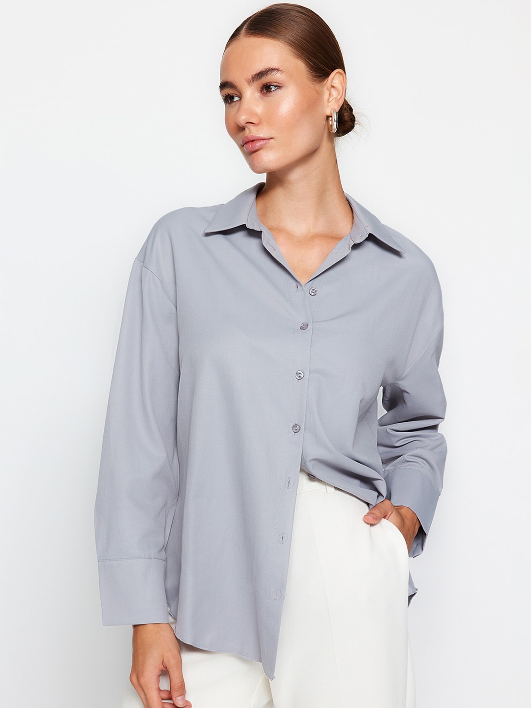 

Trendyol spread collar Long Sleeves Casual Cotton Shirt, Grey