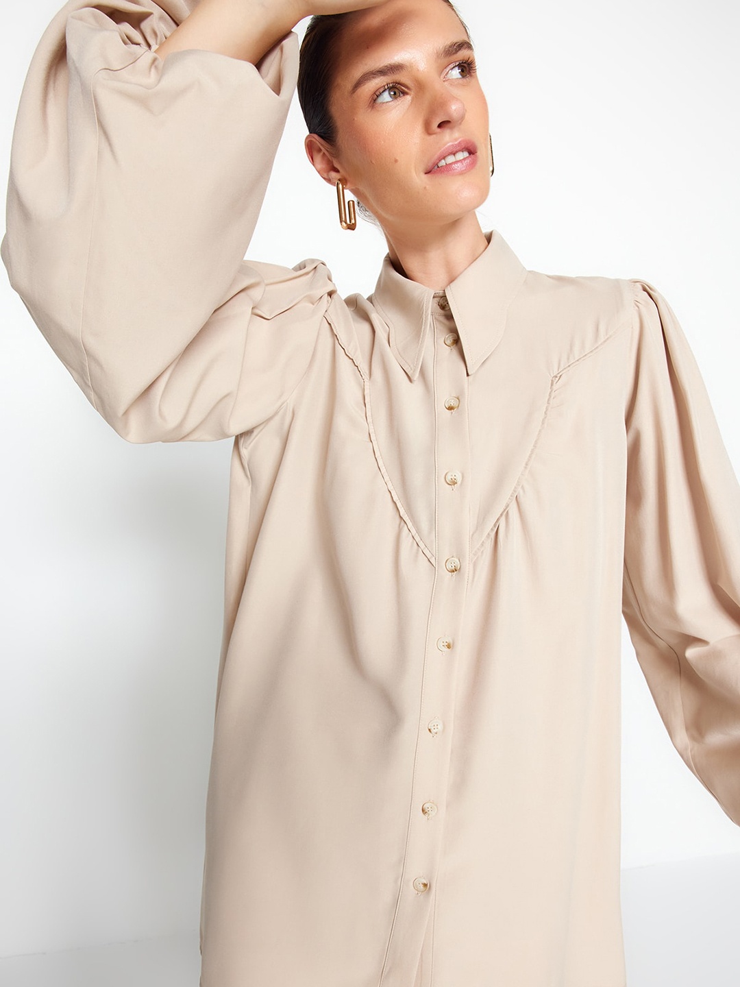 

Trendyol Spread Collar Bishop Sleeves Longline Casual Shirt, Beige