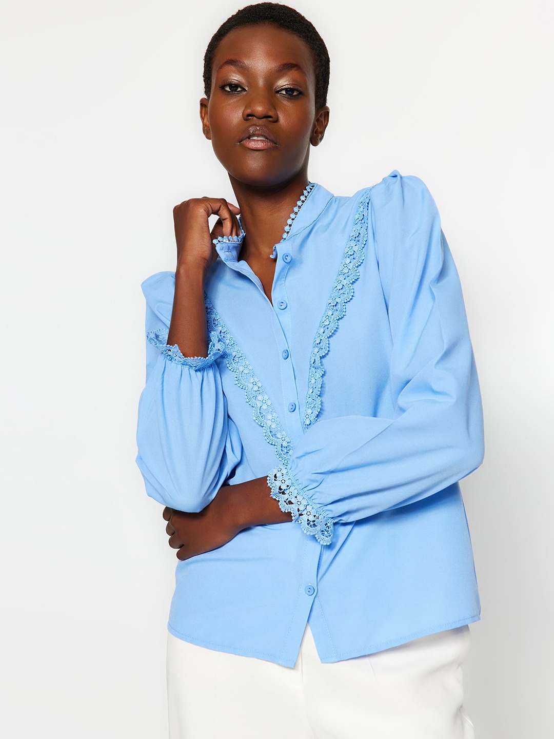 

Trendyol Band Collar Lace Inserts Shirt Style Top, Blue