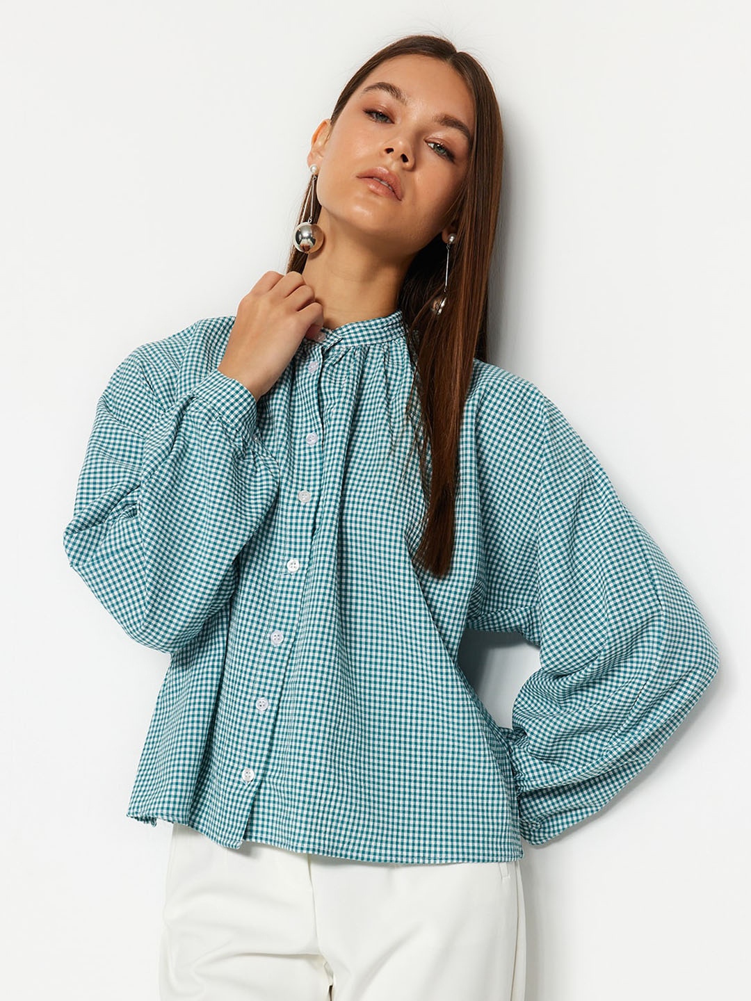 

Trendyol Ckecked Band Collar Shirt Style Top, Green