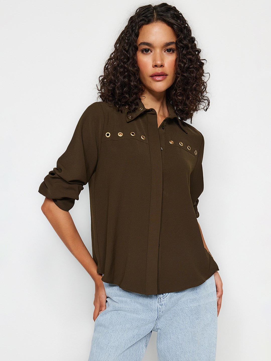 

Trendyol Spread Collar Long Sleeves Opaque Casual Shirt, Khaki