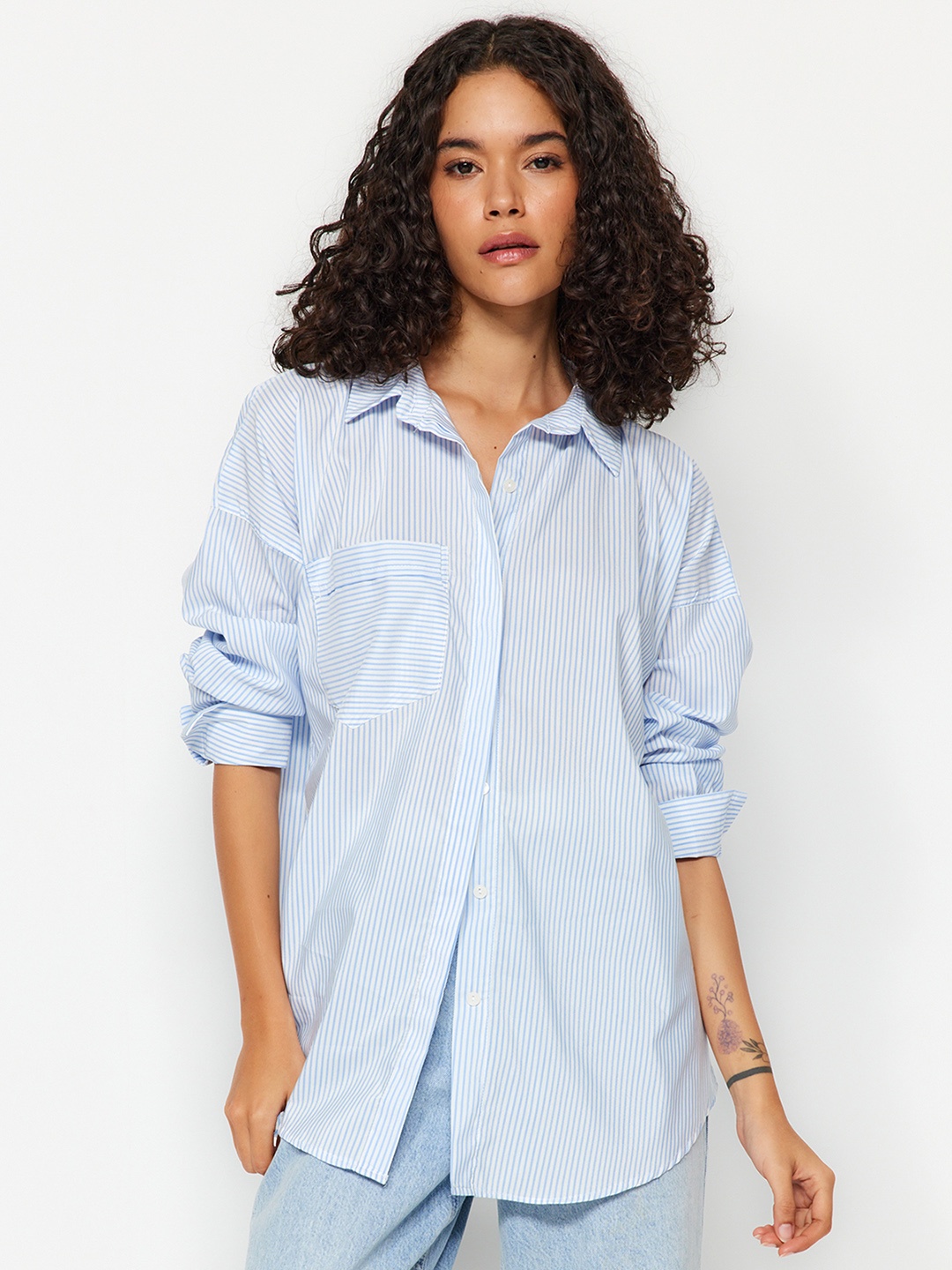 

Trendyol Striped Printed Pure Cotton Casual Shirt, Blue