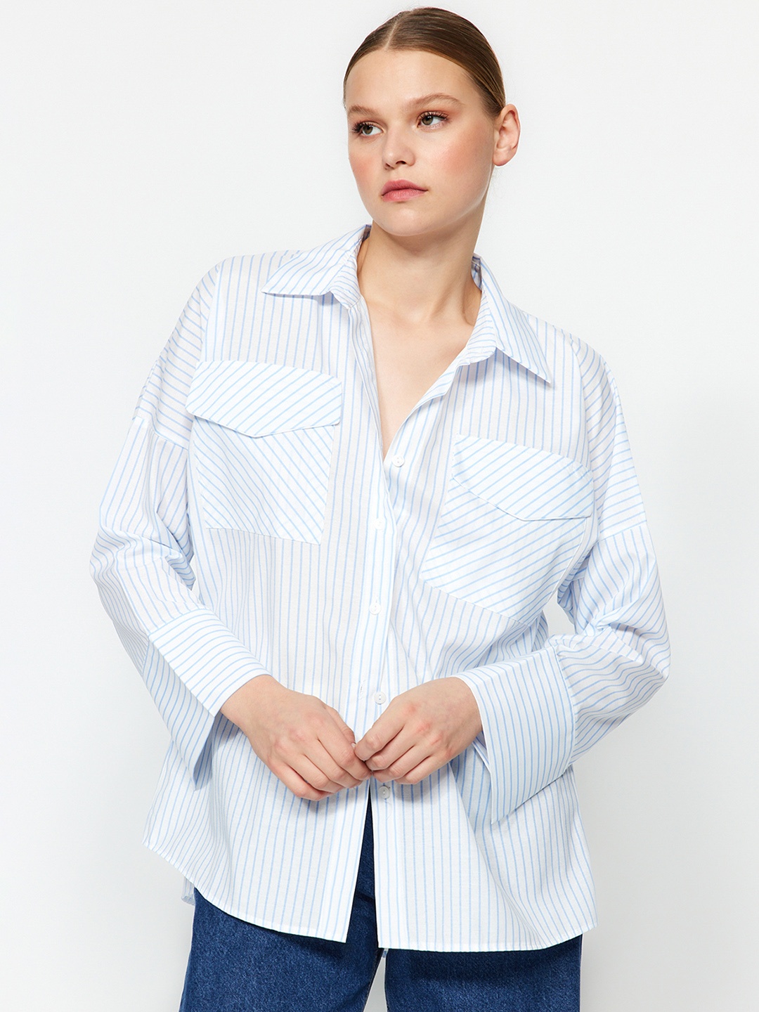 

Trendyol Striped Printed Pure Cotton Casual Shirt, Blue