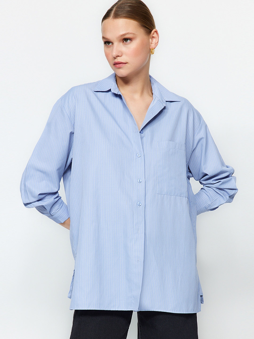 

Trendyol Striped Printed Longline Casual Shirt, Blue