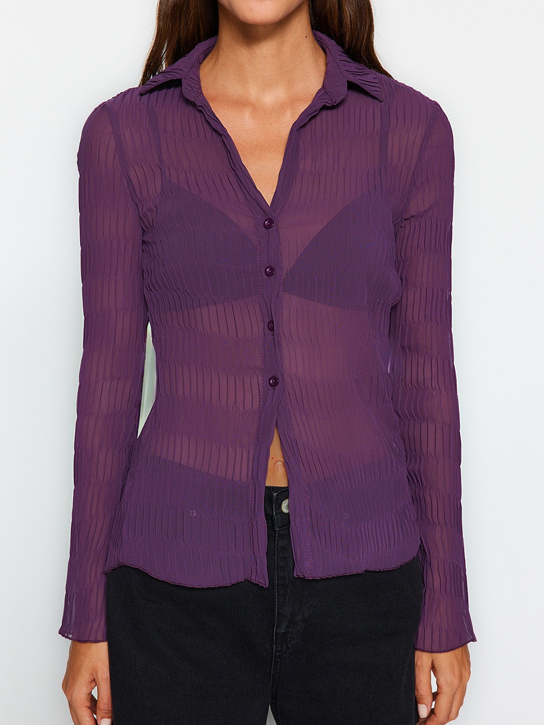 

Trendyol Textured Spread Collar Semi Sheer Casual Shirt, Purple