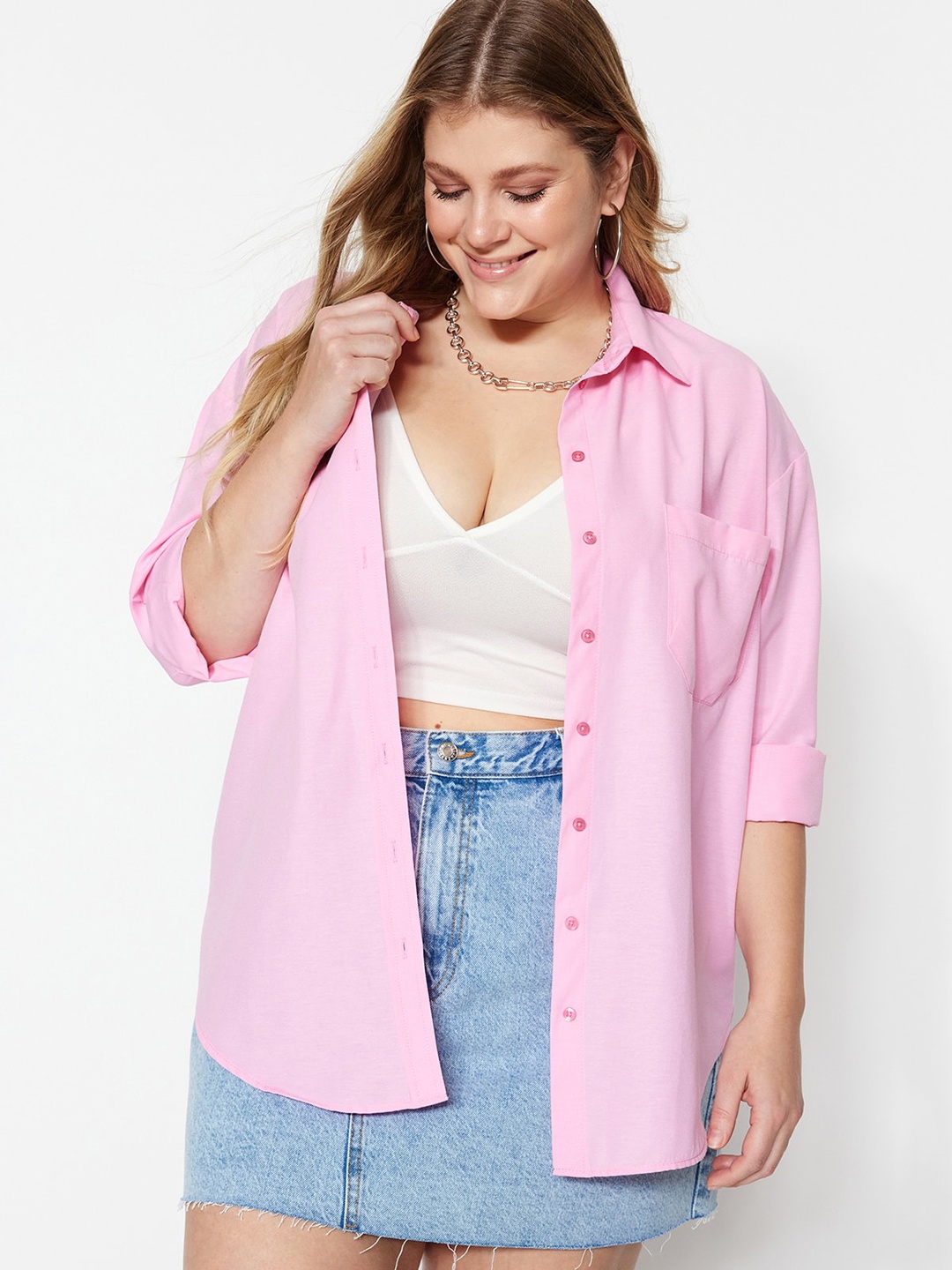 

Trendyol Spread Collar Long Sleeves Casual Shirt, Pink