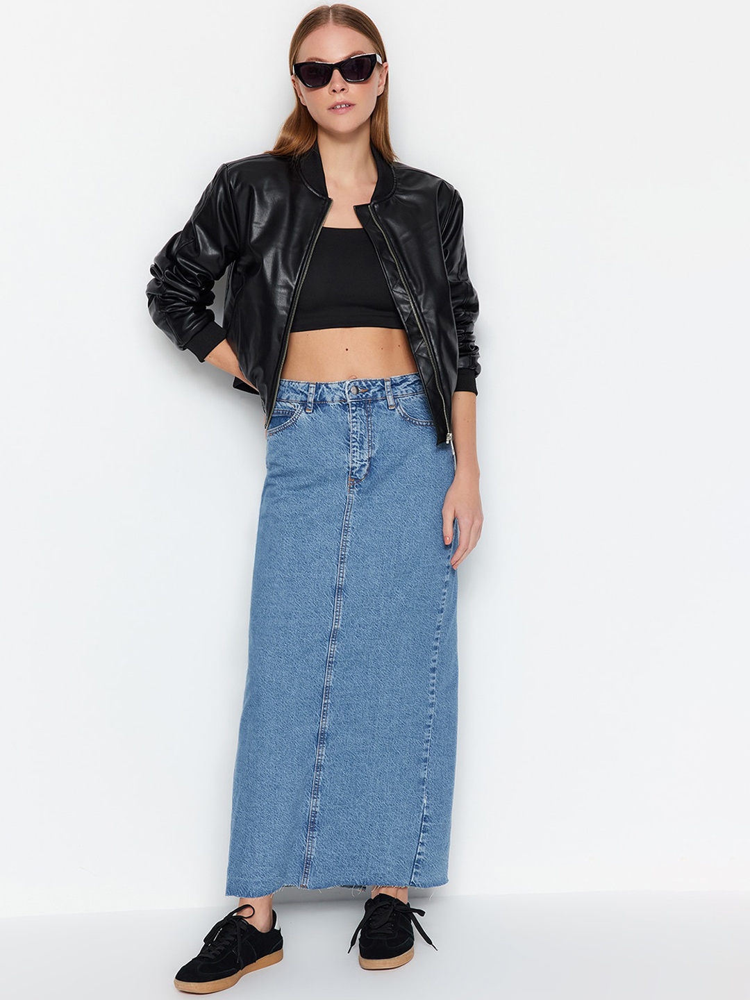 

Trendyol Pure Cotton Maxi-Length Straight Denim Skirt, Blue